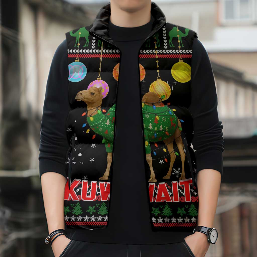 Kuwait Christmas Sleeveless Puffer Jacket with Camel in Festive Ornaments Snowflakes and Green Red - Wonder Print Shop