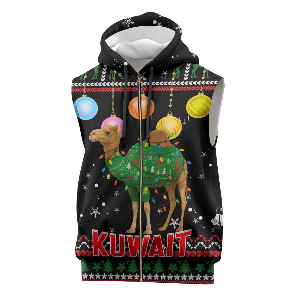Kuwait Christmas Sleeveless Zip Hoodie with Camel in Festive Ornaments Snowflakes and Green Red - Wonder Print Shop