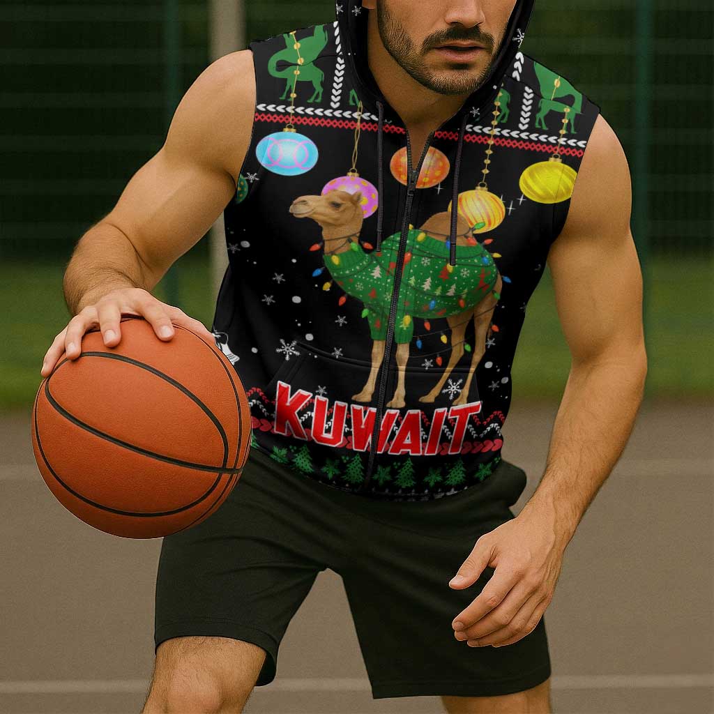 Kuwait Christmas Sleeveless Zip Hoodie with Camel in Festive Ornaments Snowflakes and Green Red - Wonder Print Shop