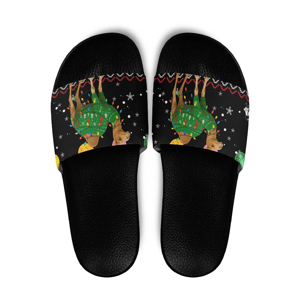Kuwait Christmas Slide Sandals with Camel in Festive Ornaments Snowflakes and Green Red - Wonder Print Shop