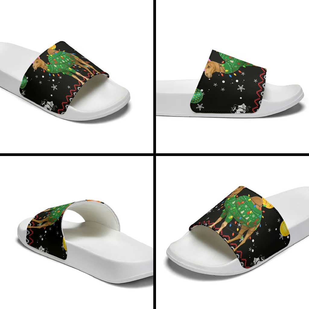 Kuwait Christmas Slide Sandals with Camel in Festive Ornaments Snowflakes and Green Red - Wonder Print Shop