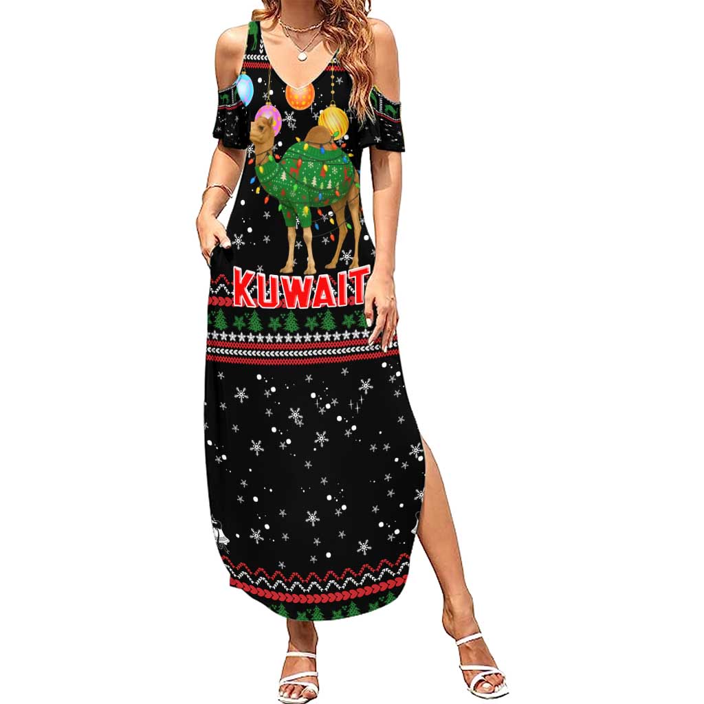 Kuwait Christmas Summer Maxi Dress with Camel in Festive Ornaments Snowflakes and Green Red - Wonder Print Shop