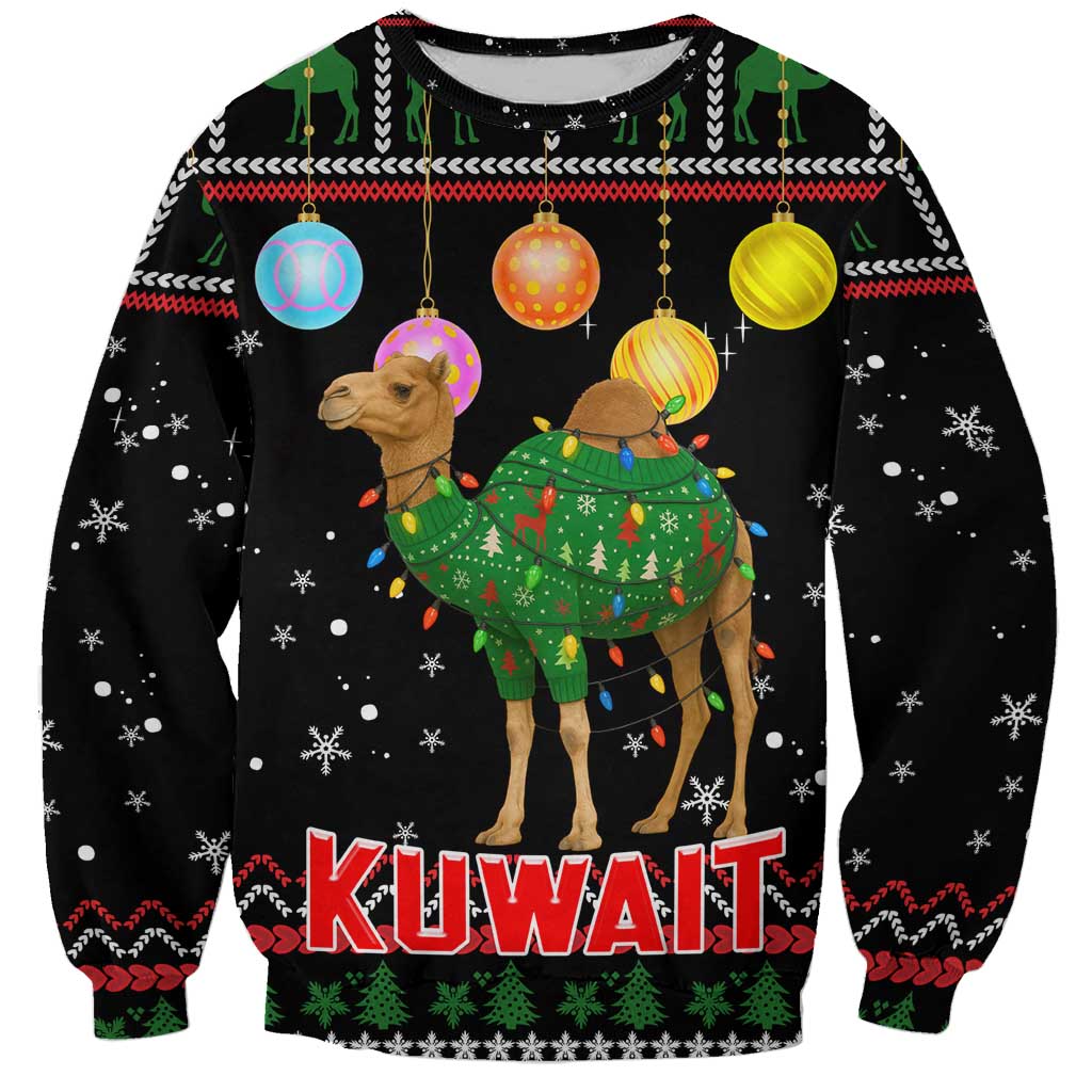 Kuwait Christmas Sweatshirt with Camel in Festive Ornaments Snowflakes and Green Red - Wonder Print Shop