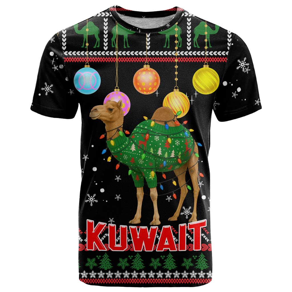 Kuwait Christmas T Shirt with Camel in Festive Ornaments Snowflakes and Green Red - Wonder Print Shop