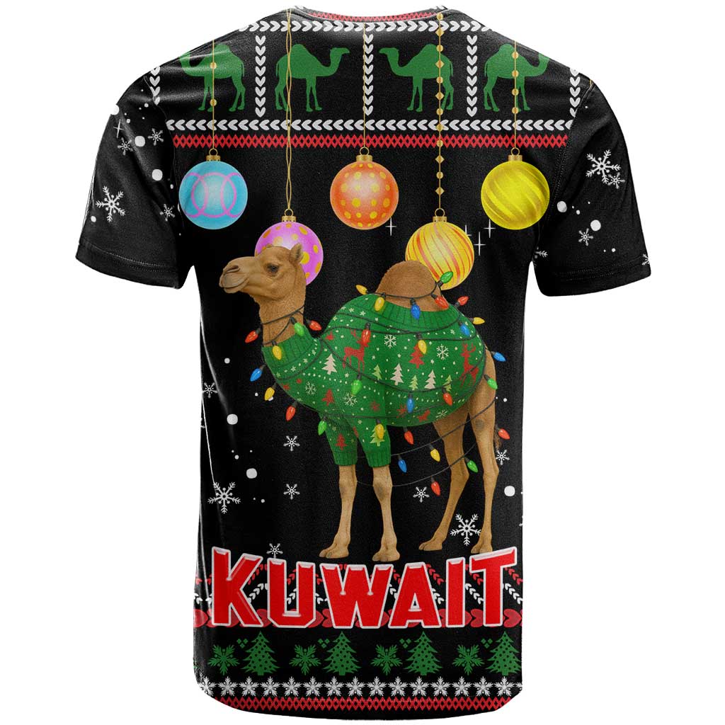 Kuwait Christmas T Shirt with Camel in Festive Ornaments Snowflakes and Green Red - Wonder Print Shop