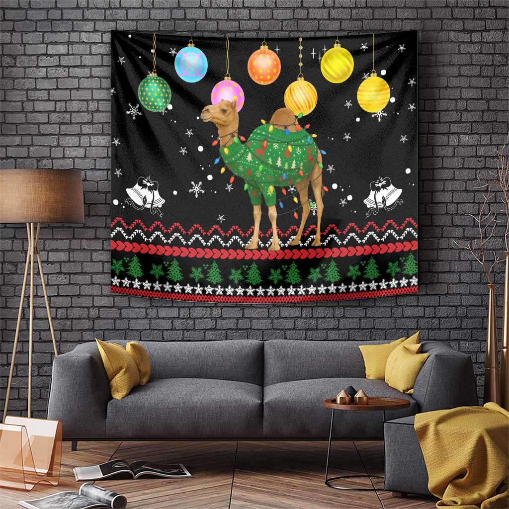 Kuwait Christmas Tapestry with Camel in Festive Ornaments Snowflakes and Green Red - Wonder Print Shop