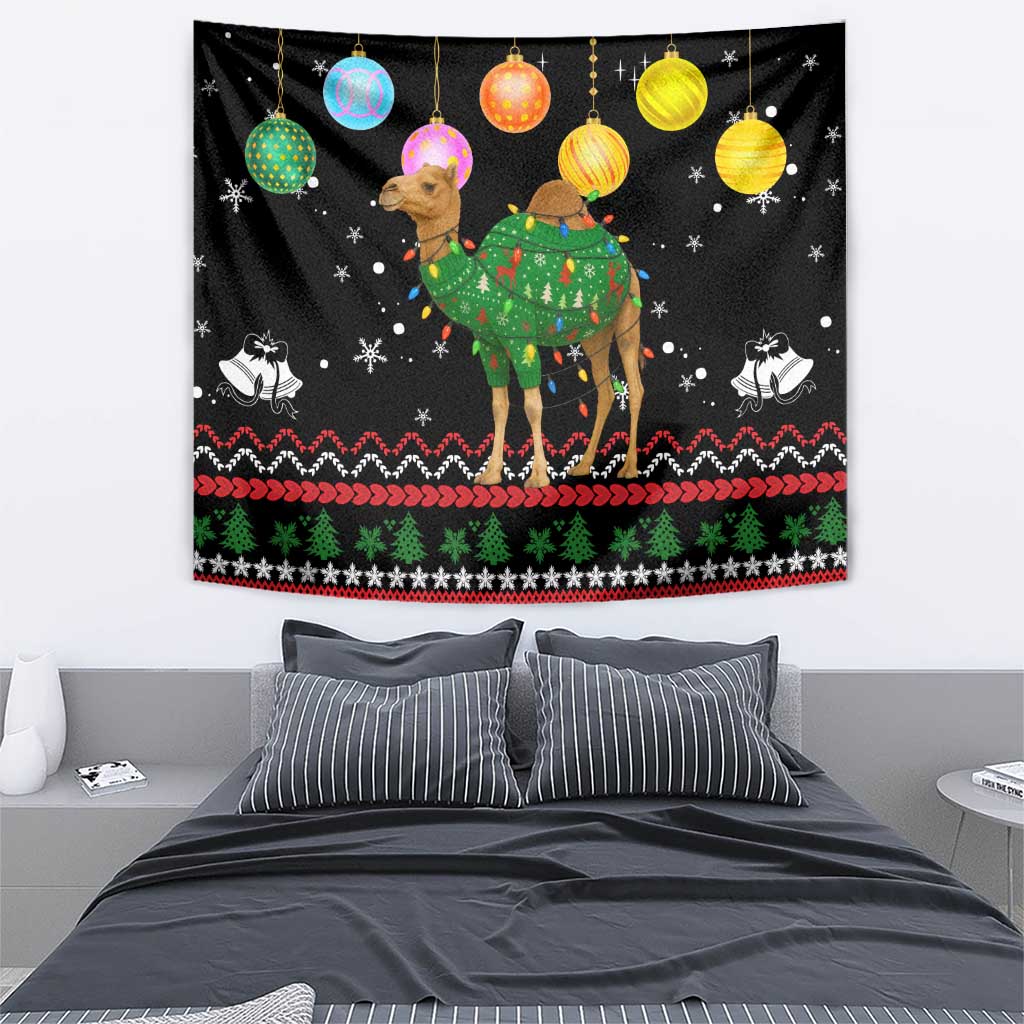 Kuwait Christmas Tapestry with Camel in Festive Ornaments Snowflakes and Green Red - Wonder Print Shop