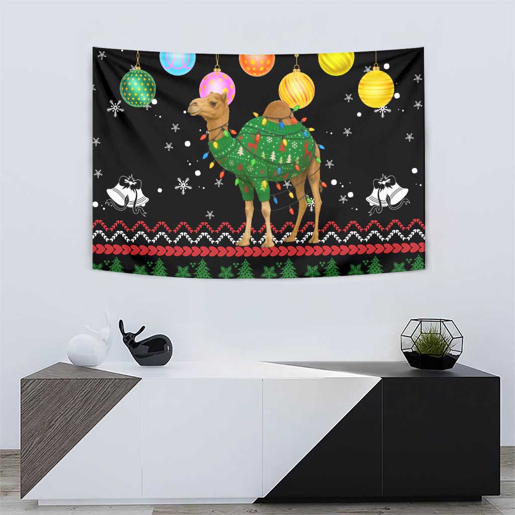 Kuwait Christmas Tapestry with Camel in Festive Ornaments Snowflakes and Green Red - Wonder Print Shop