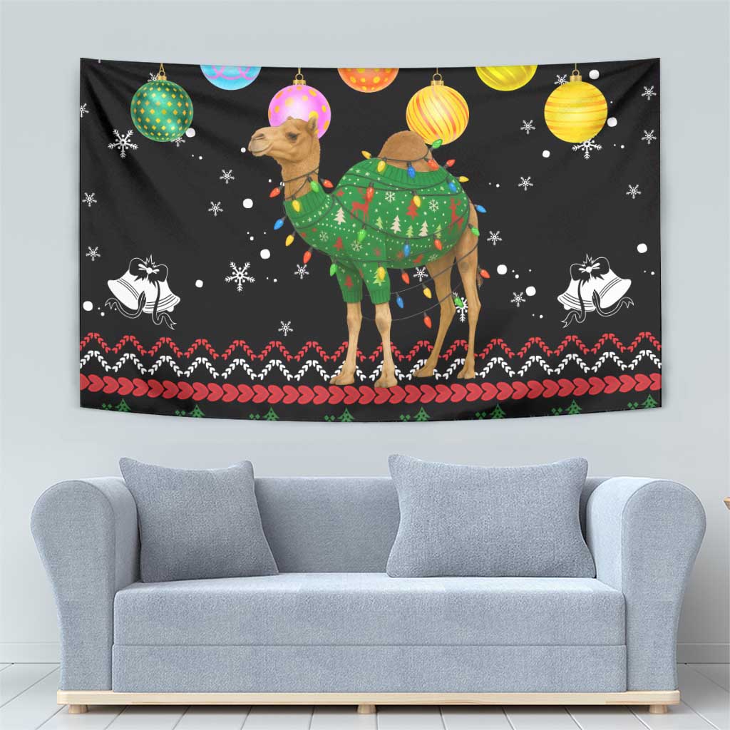 Kuwait Christmas Tapestry with Camel in Festive Ornaments Snowflakes and Green Red - Wonder Print Shop