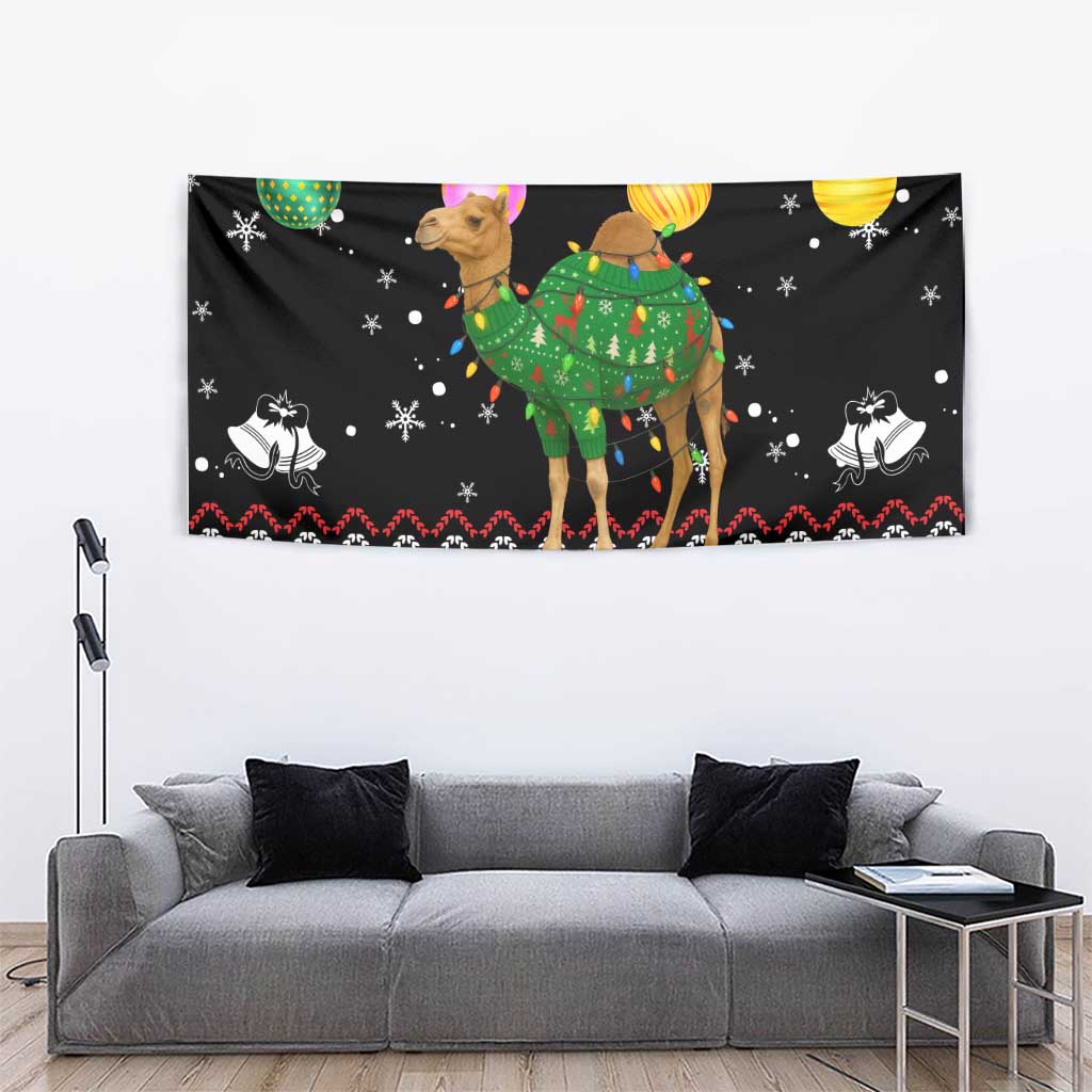 Kuwait Christmas Tapestry with Camel in Festive Ornaments Snowflakes and Green Red - Wonder Print Shop