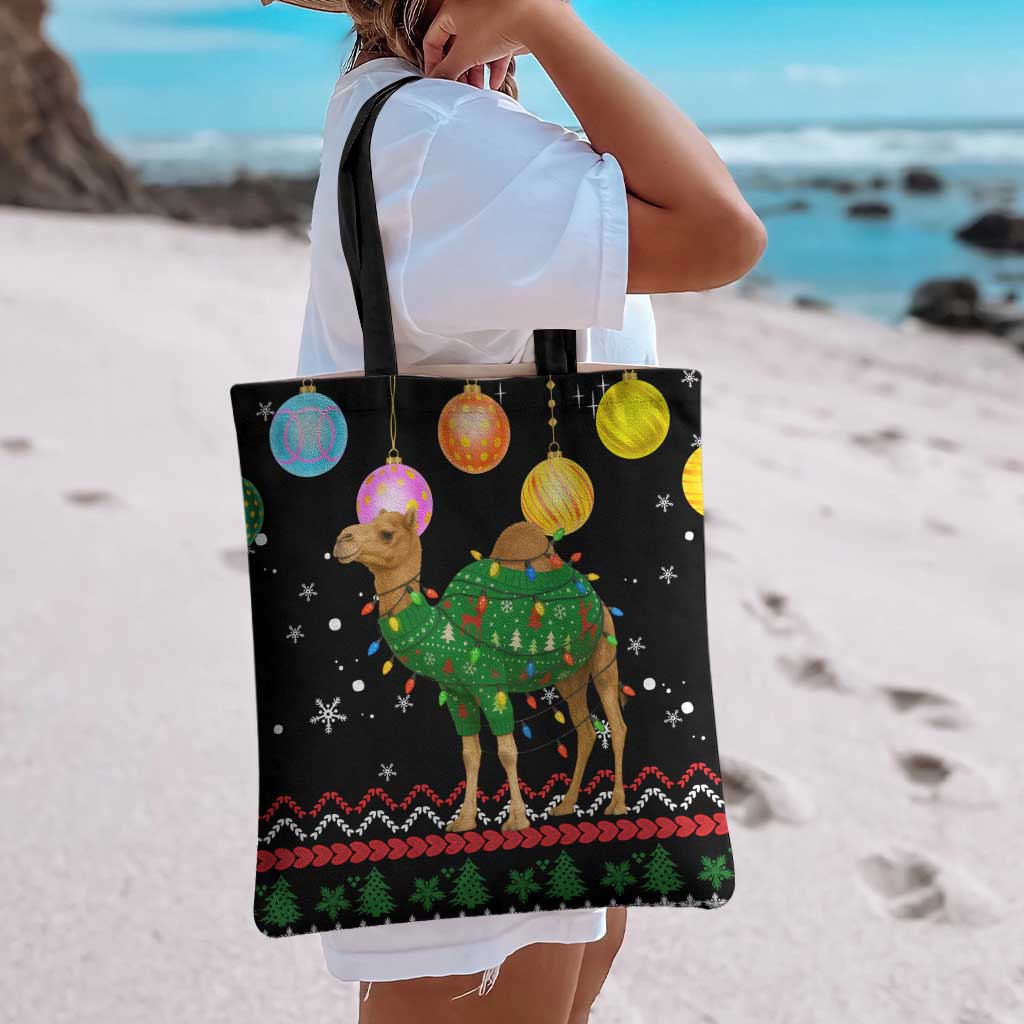Kuwait Christmas Tote Bag with Camel in Festive Ornaments Snowflakes and Green Red - Wonder Print Shop