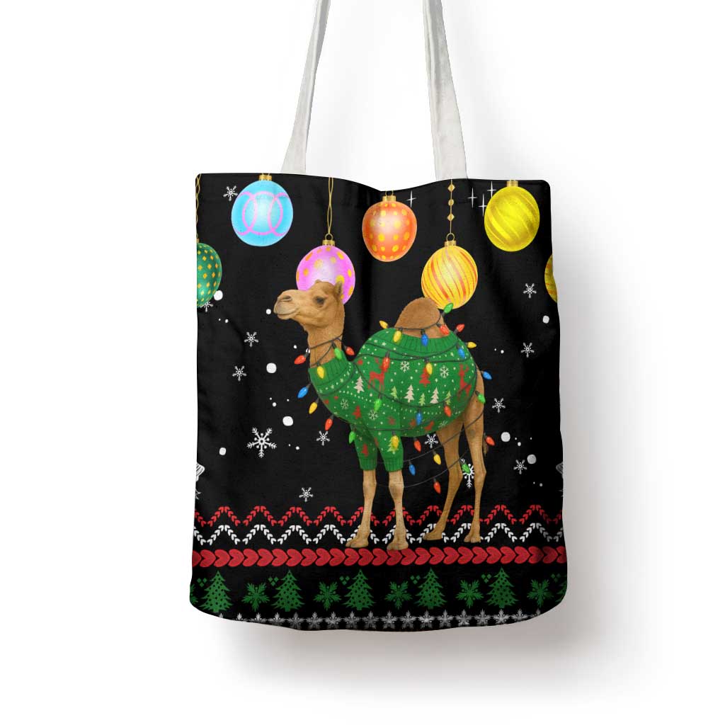 Kuwait Christmas Tote Bag with Camel in Festive Ornaments Snowflakes and Green Red - Wonder Print Shop