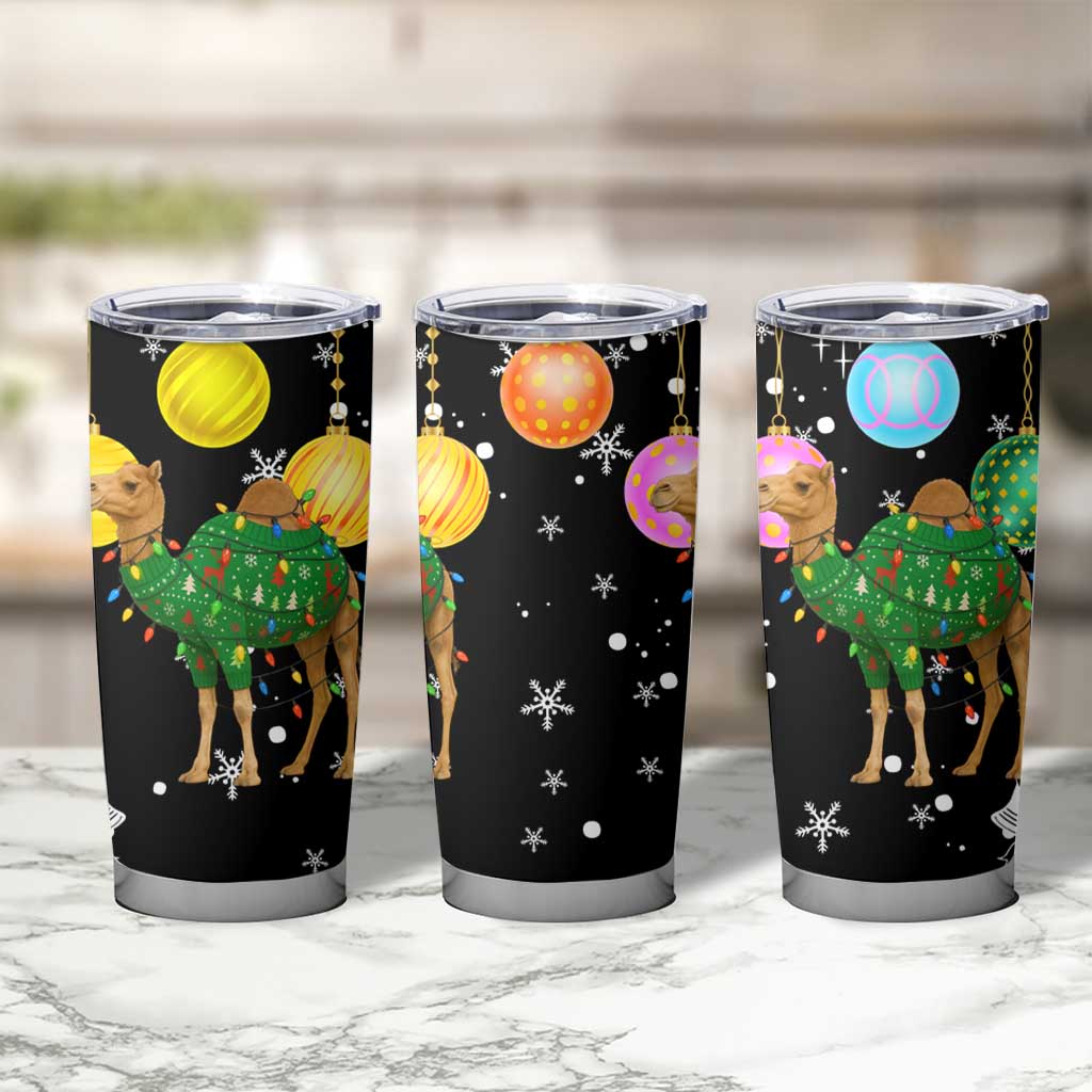 Kuwait Christmas Tumbler Cup with Camel in Festive Ornaments Snowflakes and Green Red - Wonder Print Shop
