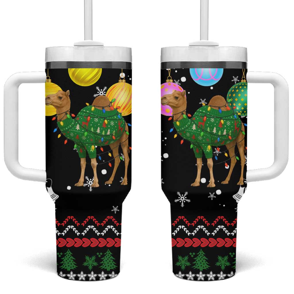 Kuwait Christmas Tumbler With Handle with Camel in Festive Ornaments Snowflakes and Green Red - Wonder Print Shop