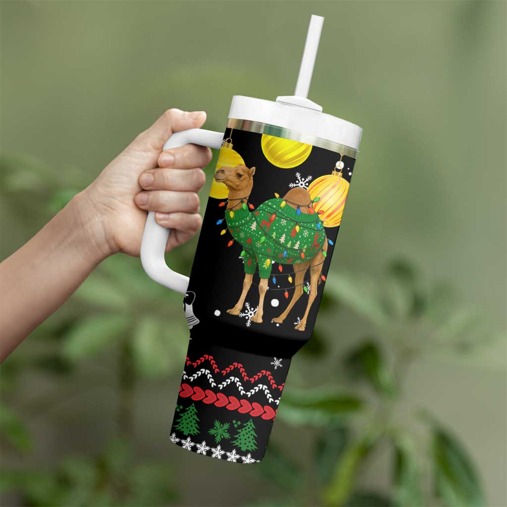 Kuwait Christmas Tumbler With Handle with Camel in Festive Ornaments Snowflakes and Green Red - Wonder Print Shop