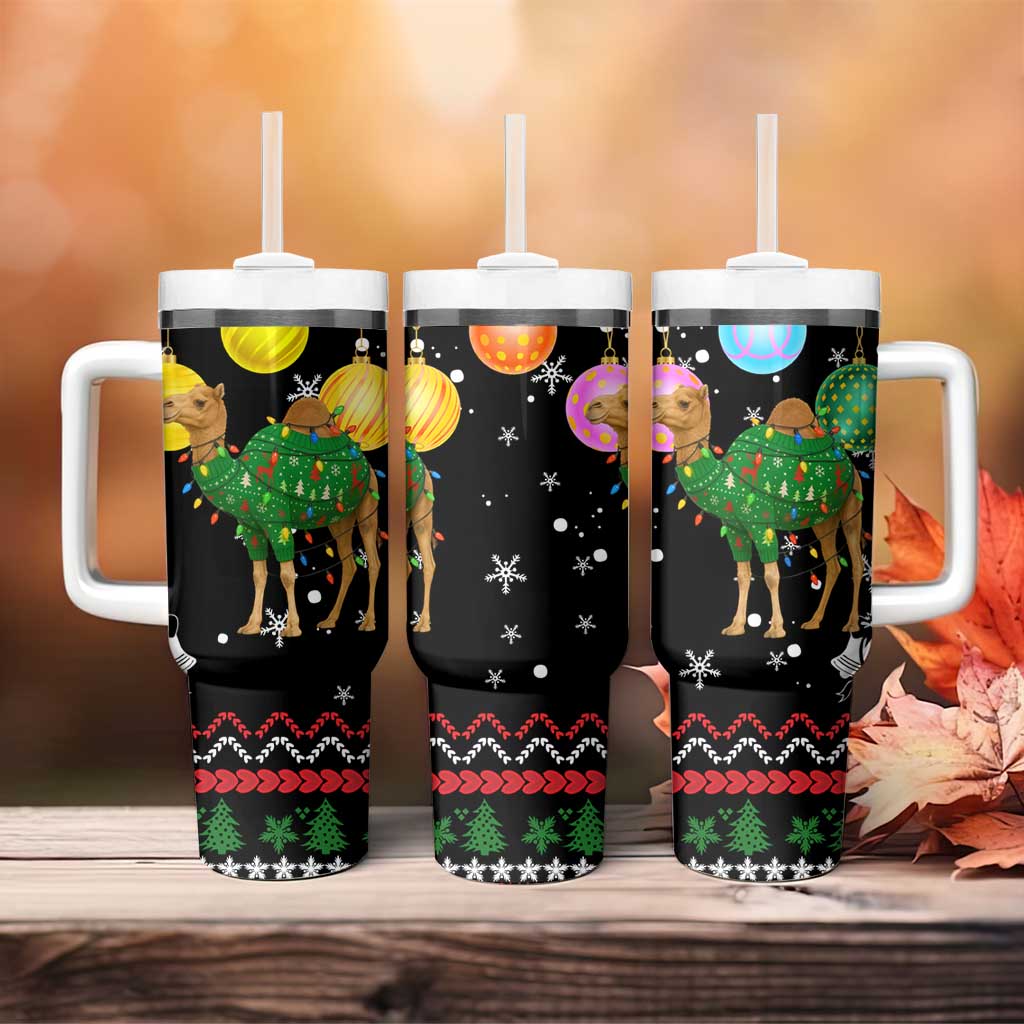 Kuwait Christmas Tumbler With Handle with Camel in Festive Ornaments Snowflakes and Green Red - Wonder Print Shop