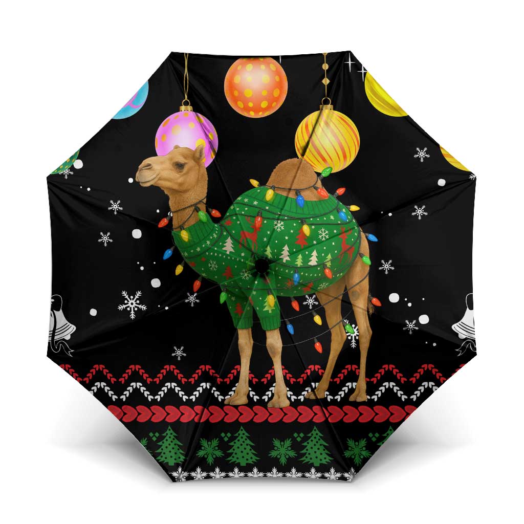 Kuwait Christmas Umbrella with Camel in Festive Ornaments Snowflakes and Green Red - Wonder Print Shop