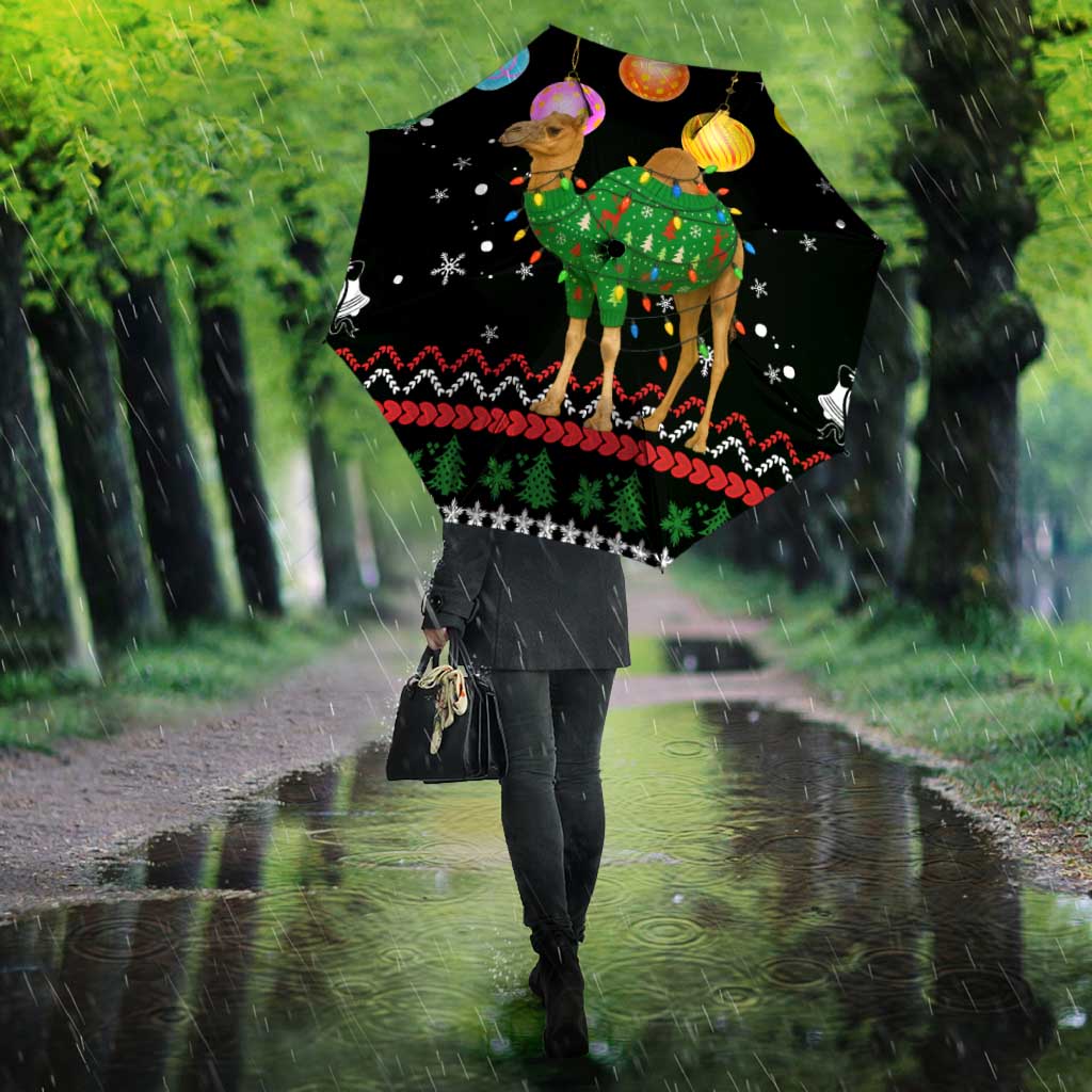 Kuwait Christmas Umbrella with Camel in Festive Ornaments Snowflakes and Green Red - Wonder Print Shop