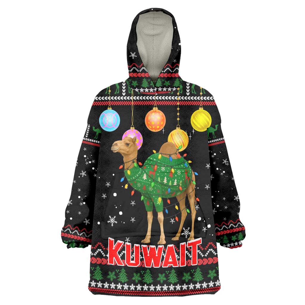 Kuwait Christmas Wearable Blanket Hoodie with Camel in Festive Ornaments Snowflakes and Green Red - Wonder Print Shop