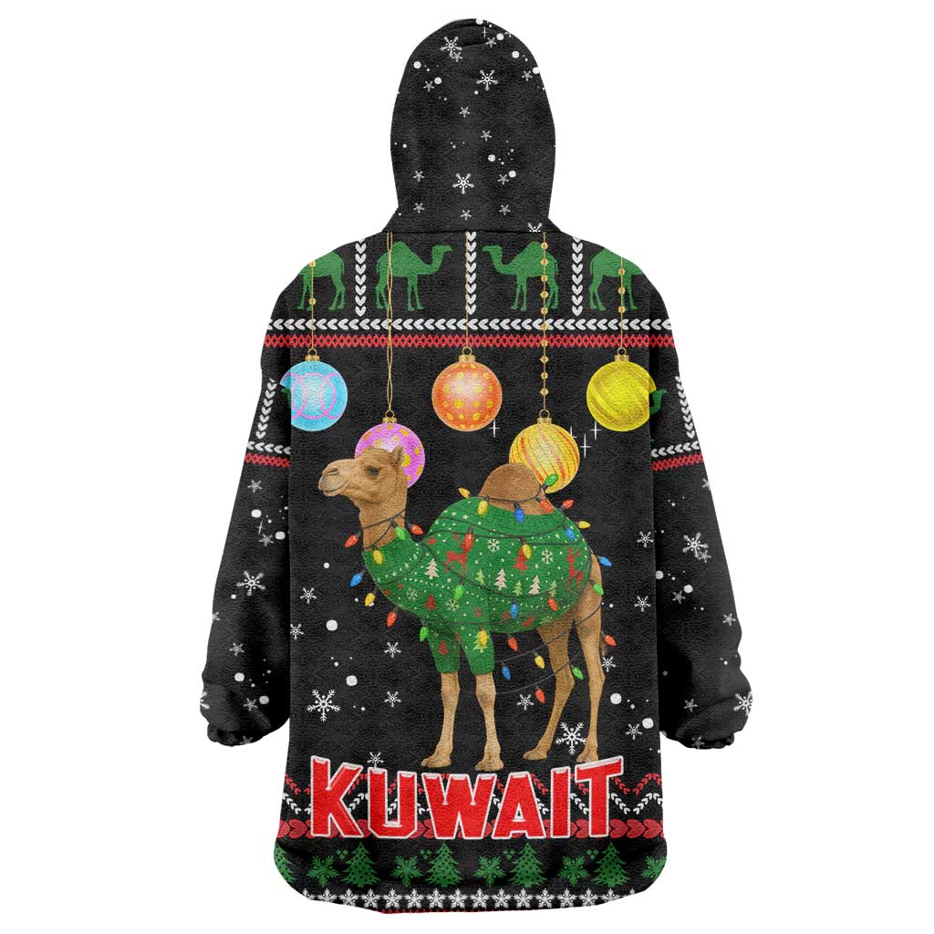 Kuwait Christmas Wearable Blanket Hoodie with Camel in Festive Ornaments Snowflakes and Green Red - Wonder Print Shop