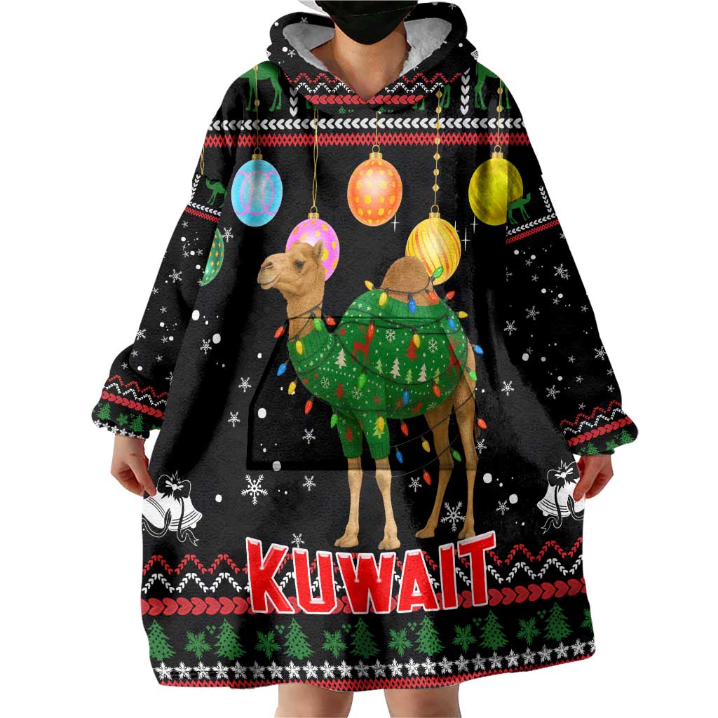 Kuwait Christmas Wearable Blanket Hoodie with Camel in Festive Ornaments Snowflakes and Green Red - Wonder Print Shop