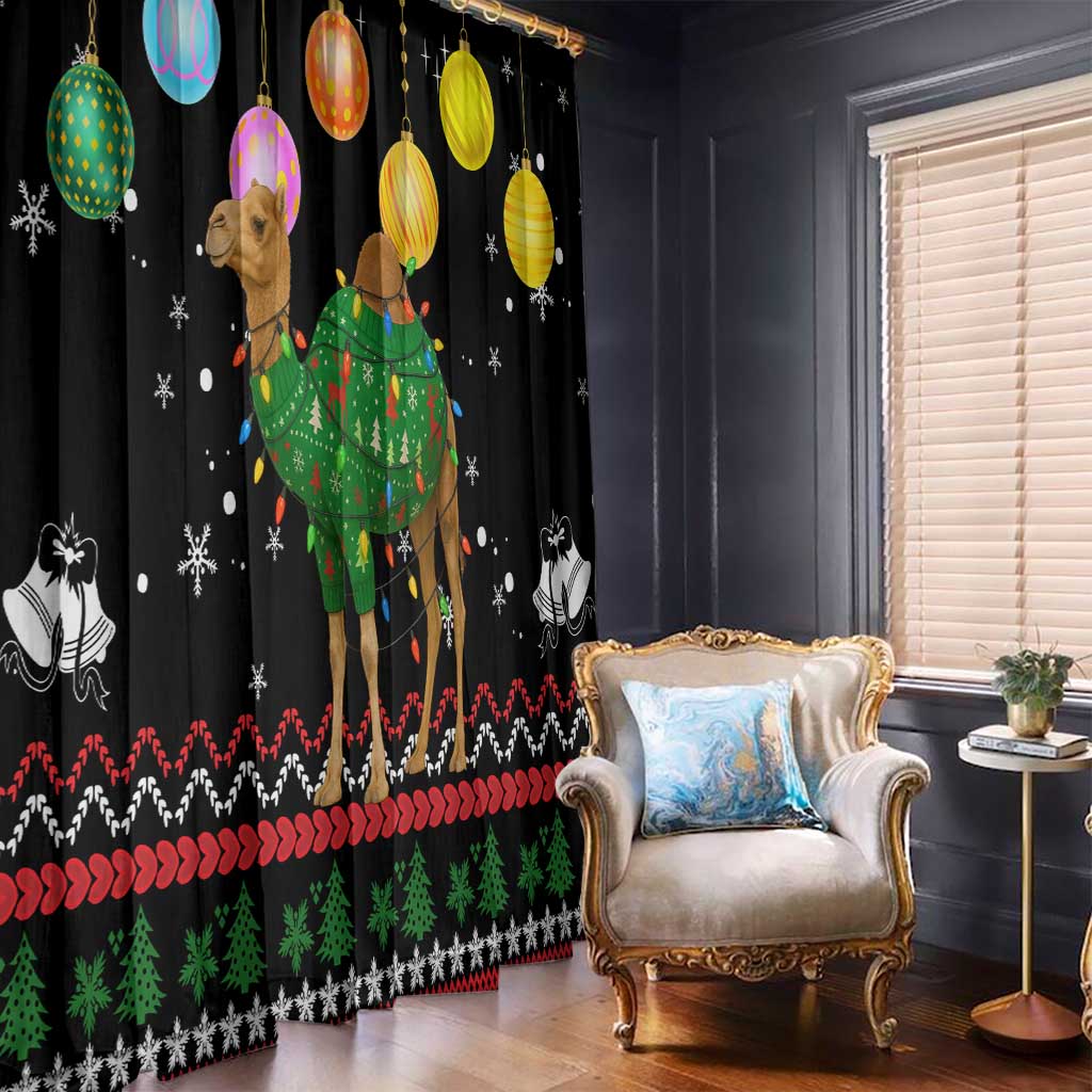 Kuwait Christmas Window Curtain with Camel in Festive Ornaments Snowflakes and Green Red - Wonder Print Shop