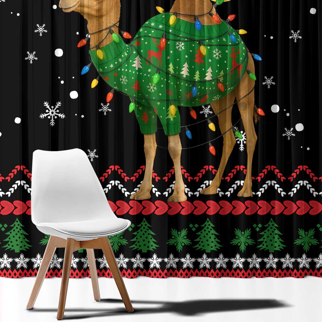Kuwait Christmas Window Curtain with Camel in Festive Ornaments Snowflakes and Green Red - Wonder Print Shop