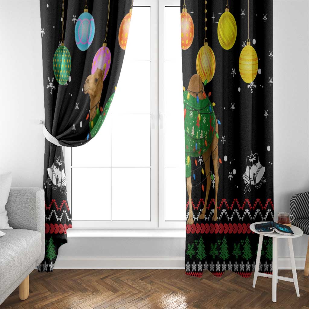 Kuwait Christmas Window Curtain with Camel in Festive Ornaments Snowflakes and Green Red - Wonder Print Shop
