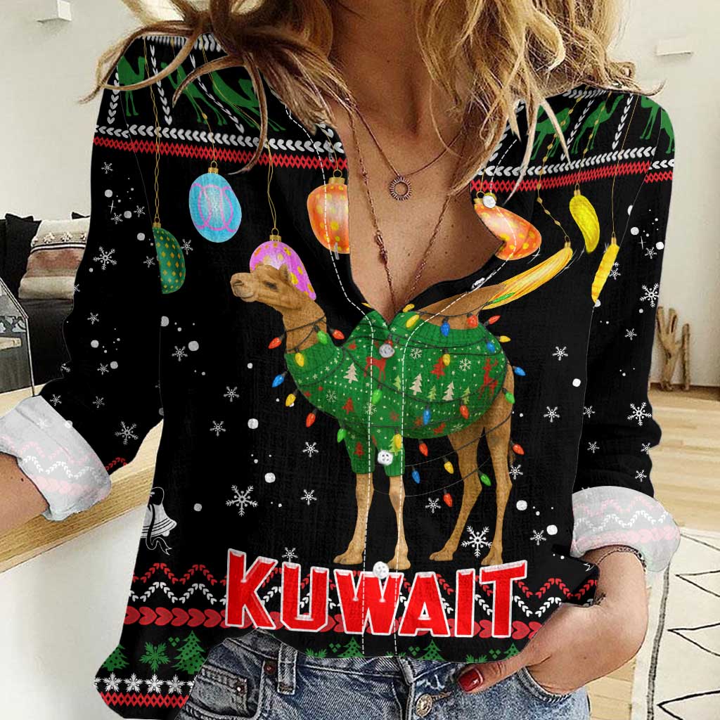 Kuwait Christmas Women Casual Shirt with Camel in Festive Ornaments Snowflakes and Green Red - Wonder Print Shop