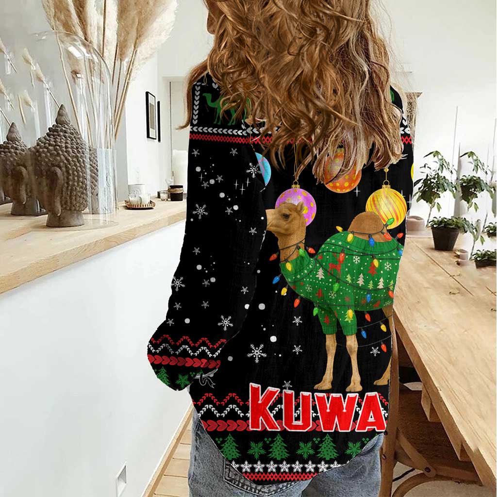 Kuwait Christmas Women Casual Shirt with Camel in Festive Ornaments Snowflakes and Green Red - Wonder Print Shop