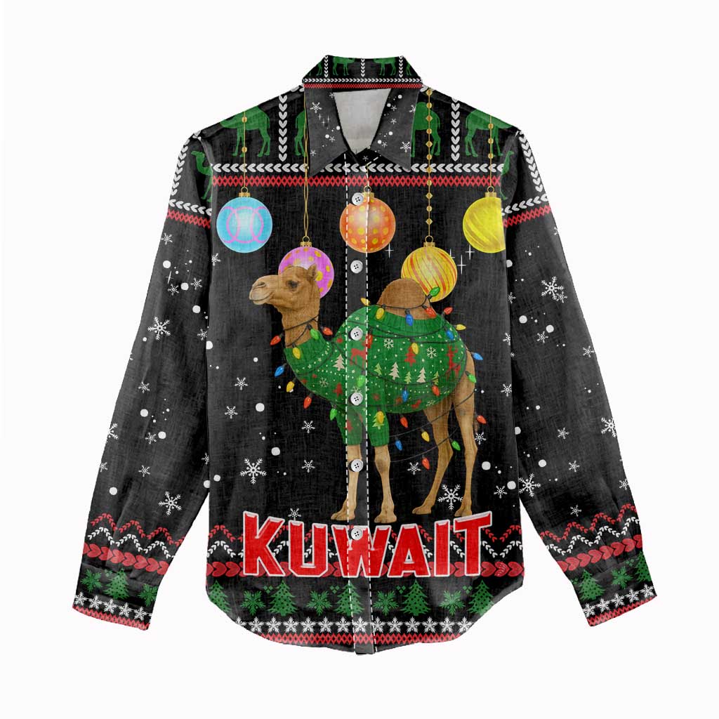 Kuwait Christmas Women Casual Shirt with Camel in Festive Ornaments Snowflakes and Green Red - Wonder Print Shop