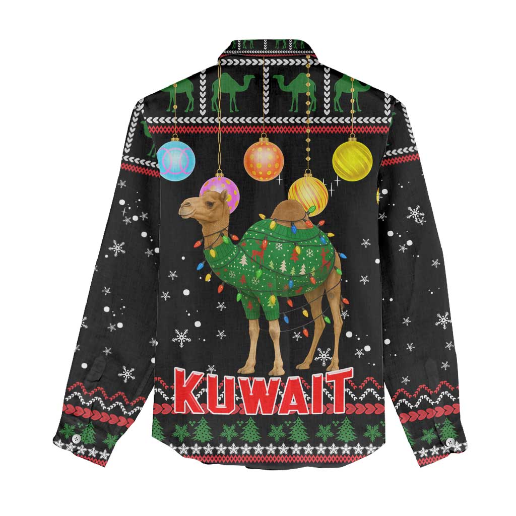 Kuwait Christmas Women Casual Shirt with Camel in Festive Ornaments Snowflakes and Green Red - Wonder Print Shop