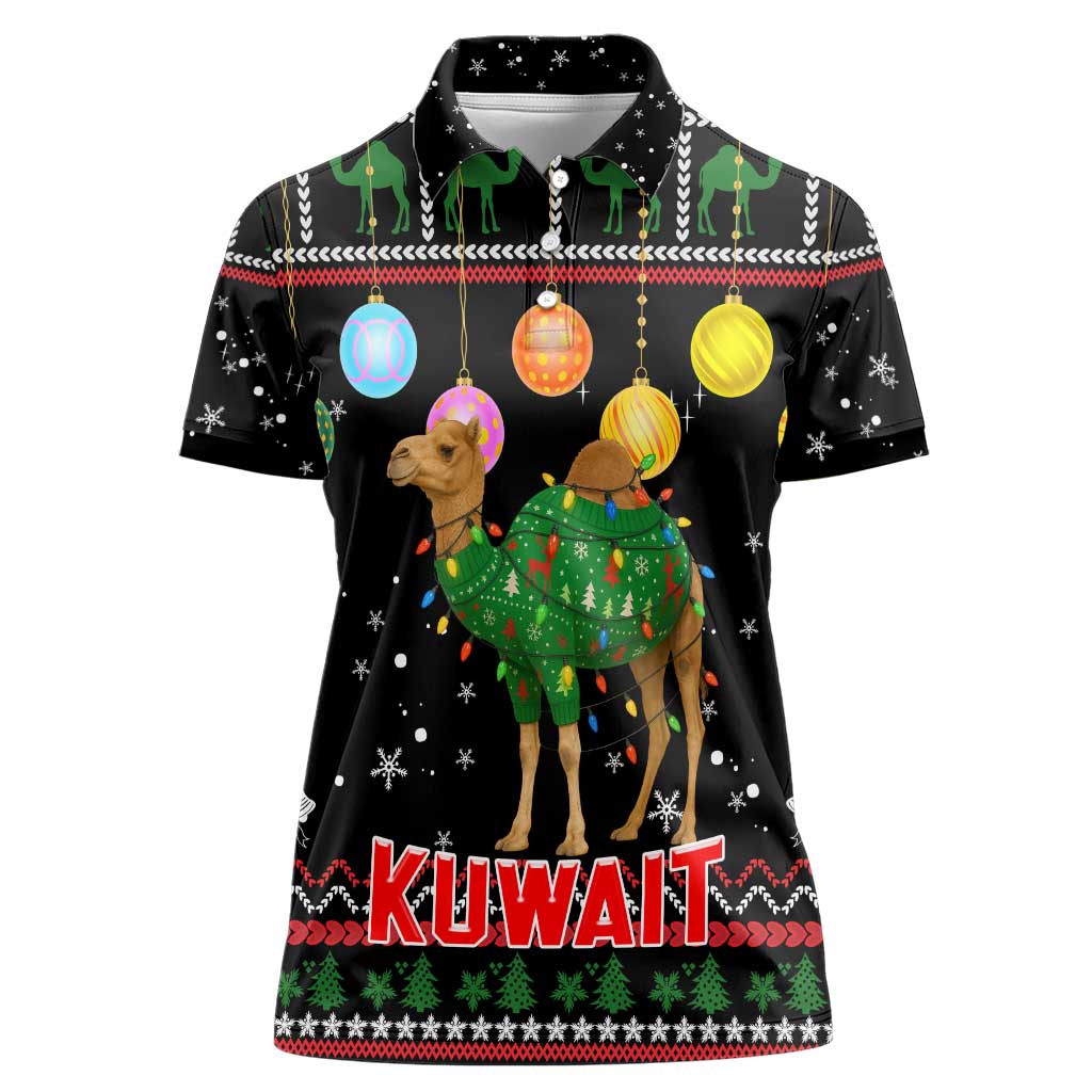 Kuwait Christmas Women Polo Shirt with Camel in Festive Ornaments Snowflakes and Green Red - Wonder Print Shop