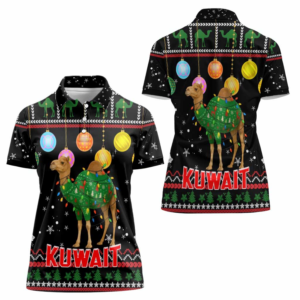 Kuwait Christmas Women Polo Shirt with Camel in Festive Ornaments Snowflakes and Green Red - Wonder Print Shop