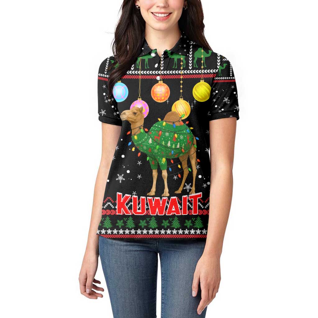 Kuwait Christmas Women Polo Shirt with Camel in Festive Ornaments Snowflakes and Green Red - Wonder Print Shop
