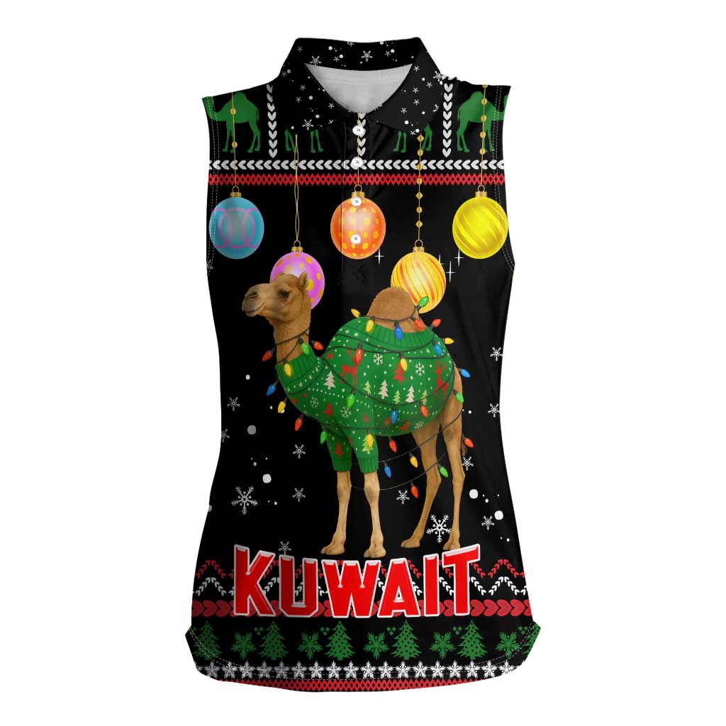 Kuwait Christmas Women Sleeveless Polo Shirt with Camel in Festive Ornaments Snowflakes and Green Red - Wonder Print Shop