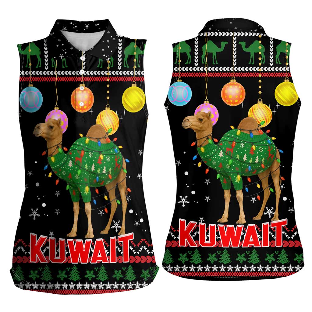 Kuwait Christmas Women Sleeveless Polo Shirt with Camel in Festive Ornaments Snowflakes and Green Red - Wonder Print Shop