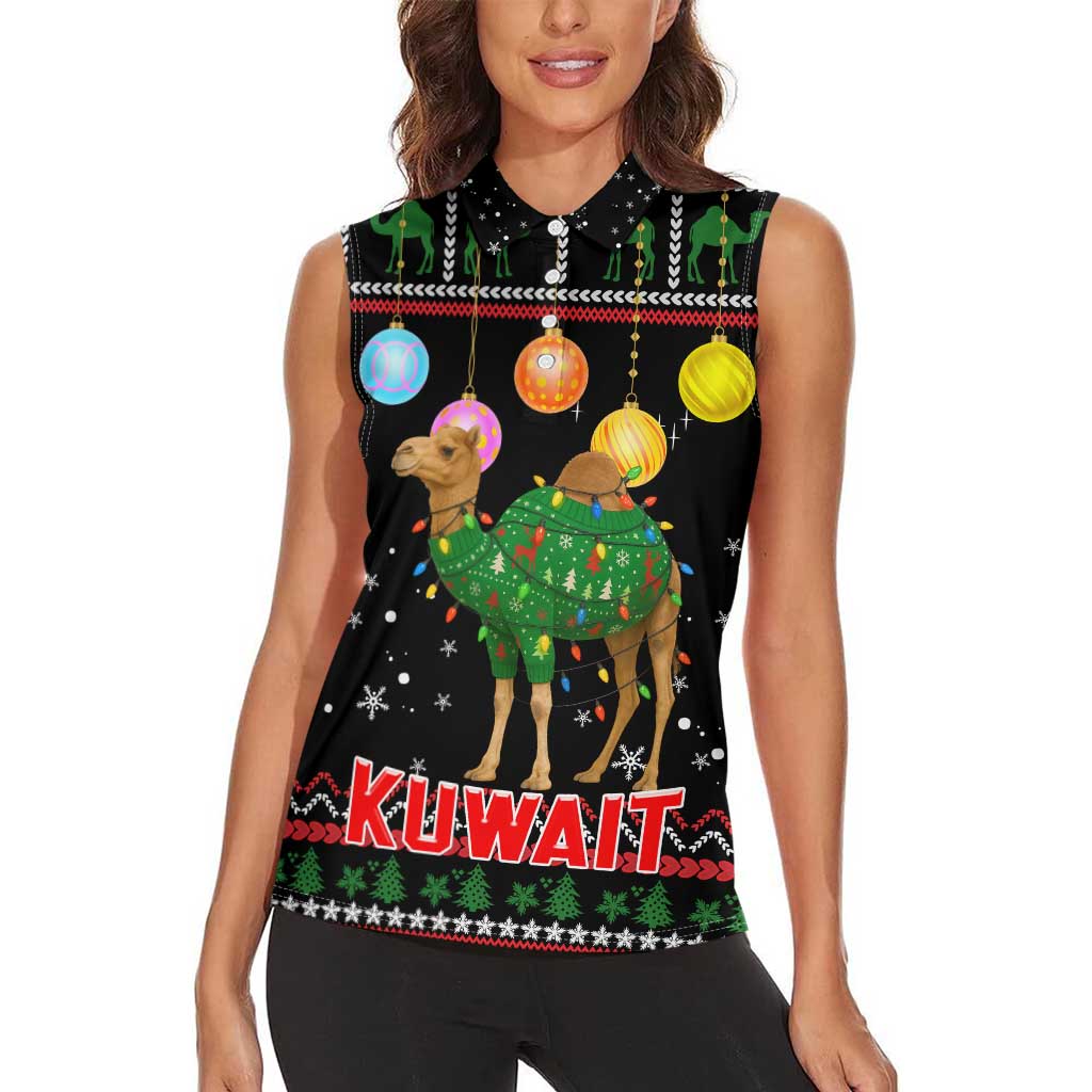 Kuwait Christmas Women Sleeveless Polo Shirt with Camel in Festive Ornaments Snowflakes and Green Red - Wonder Print Shop
