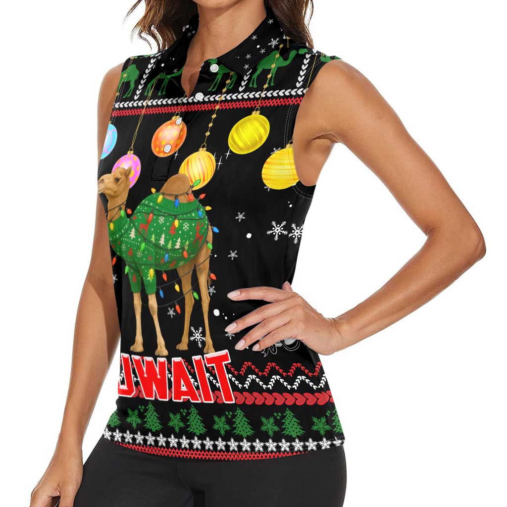 Kuwait Christmas Women Sleeveless Polo Shirt with Camel in Festive Ornaments Snowflakes and Green Red - Wonder Print Shop