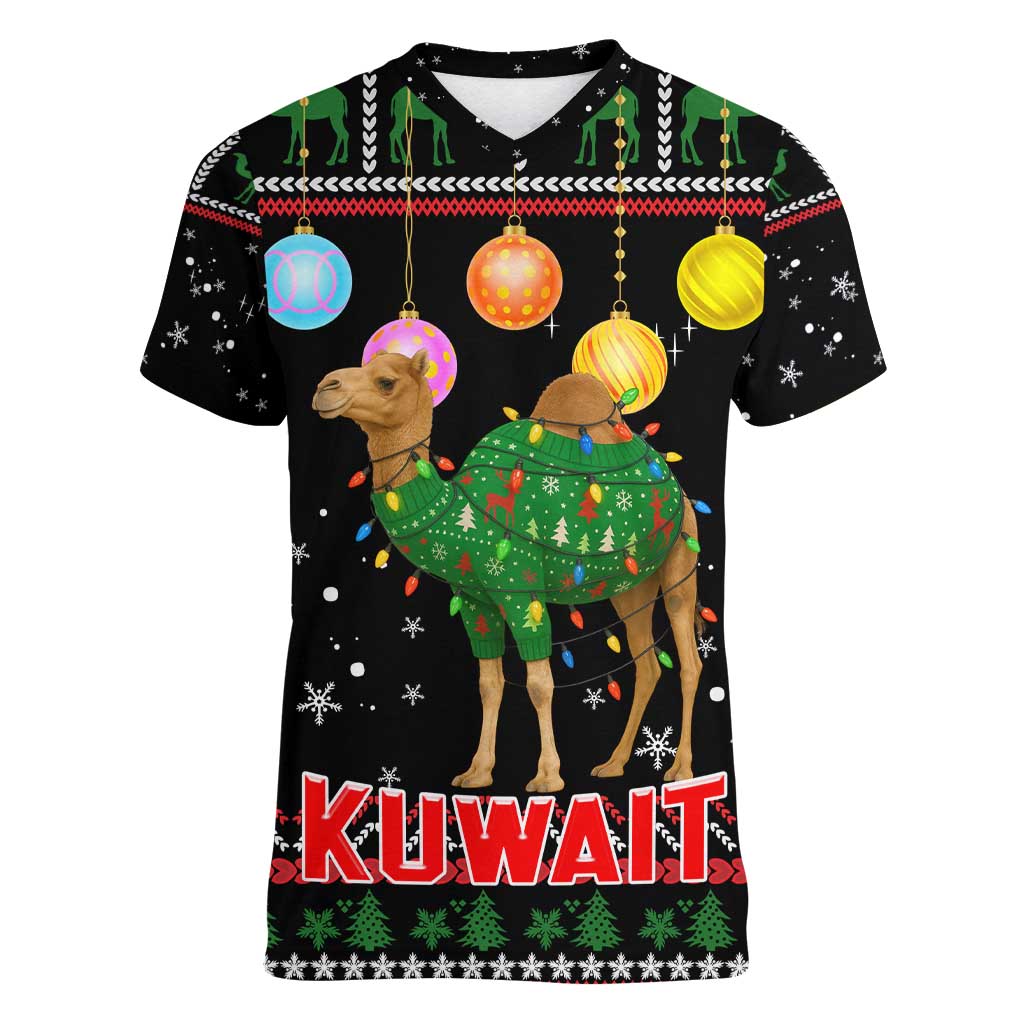 Kuwait Christmas Women V-Neck T-Shirt with Camel in Festive Ornaments Snowflakes and Green Red - Wonder Print Shop