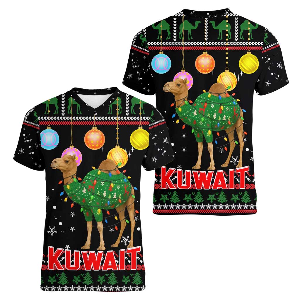 Kuwait Christmas Women V-Neck T-Shirt with Camel in Festive Ornaments Snowflakes and Green Red - Wonder Print Shop