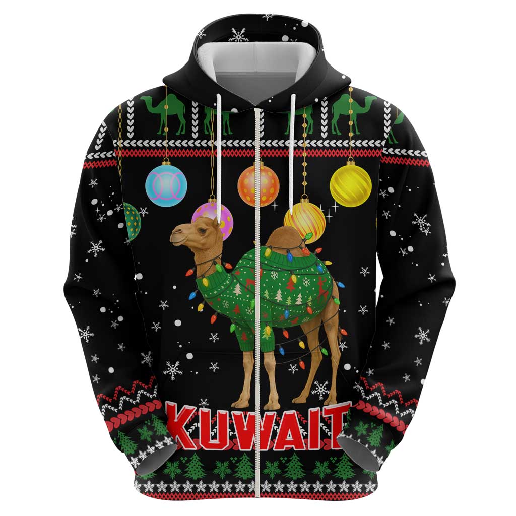 Kuwait Christmas Zip Hoodie with Camel in Festive Ornaments Snowflakes and Green Red - Wonder Print Shop