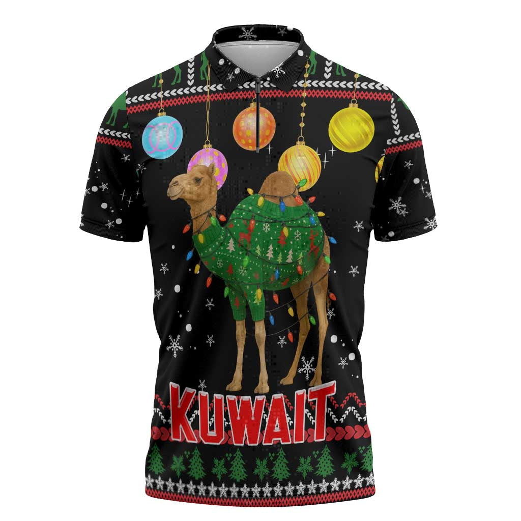 Kuwait Christmas Zipper Polo Shirt with Camel in Festive Ornaments Snowflakes and Green Red - Wonder Print Shop