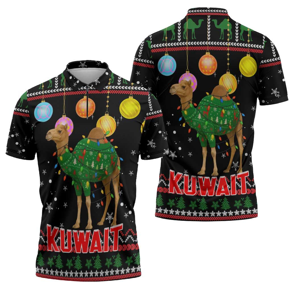 Kuwait Christmas Zipper Polo Shirt with Camel in Festive Ornaments Snowflakes and Green Red - Wonder Print Shop