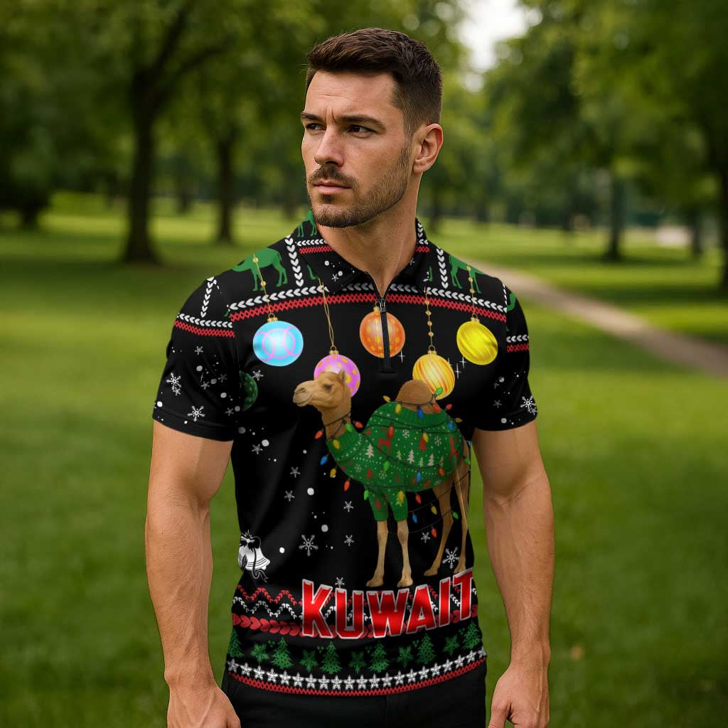 Kuwait Christmas Zipper Polo Shirt with Camel in Festive Ornaments Snowflakes and Green Red - Wonder Print Shop