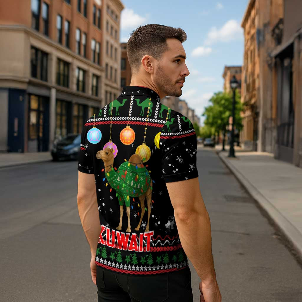 Kuwait Christmas Zipper Polo Shirt with Camel in Festive Ornaments Snowflakes and Green Red - Wonder Print Shop