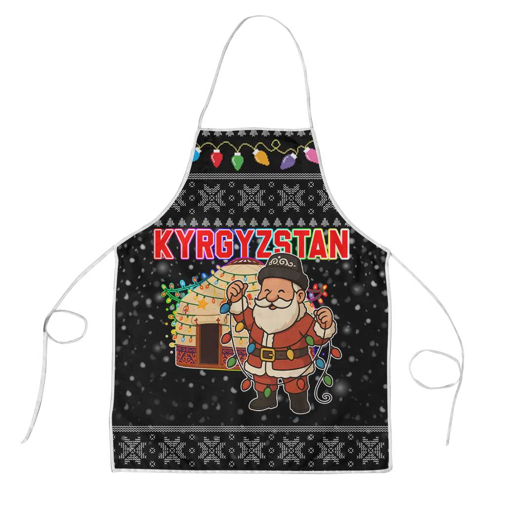 Kyrgyzstan Christmas Apron with Santa Decorating Yurt Colorful Lights Snowflakes and National - Wonder Print Shop