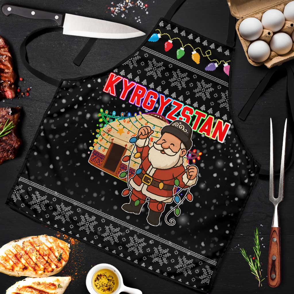 Kyrgyzstan Christmas Apron with Santa Decorating Yurt Colorful Lights Snowflakes and National - Wonder Print Shop