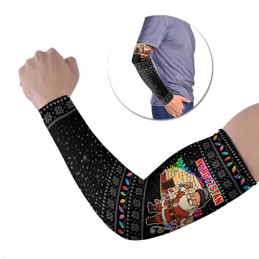 Kyrgyzstan Christmas Arm Sleeves with Santa Decorating Yurt Colorful Lights Snowflakes and National - Wonder Print Shop