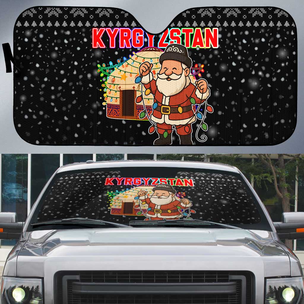 Kyrgyzstan Christmas Auto Sun Shade with Santa Decorating Yurt Colorful Lights Snowflakes and National - Wonder Print Shop